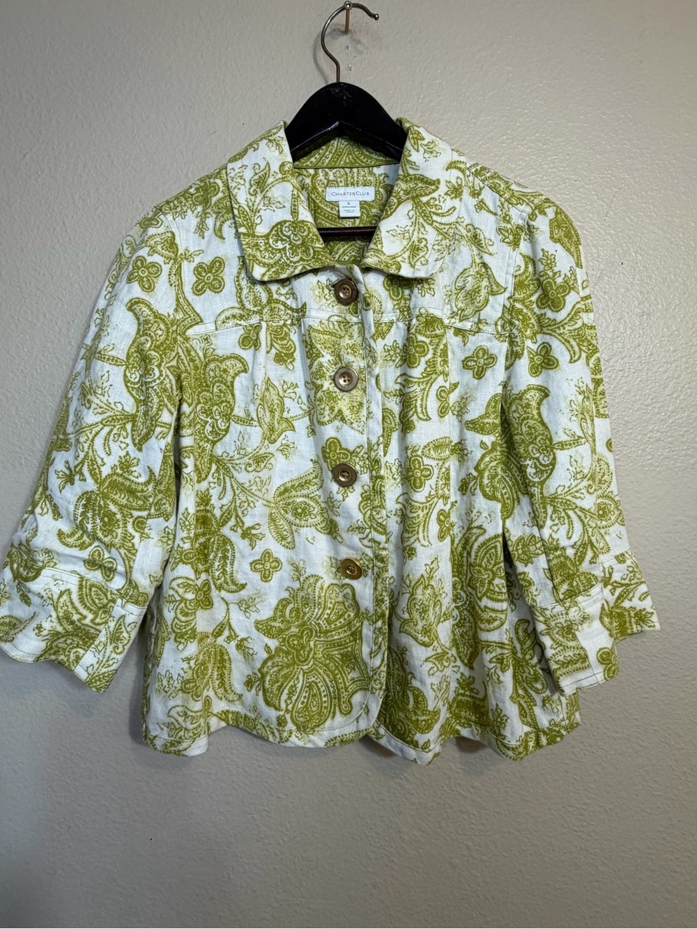 Lightweight Paisley Button-Front Jacket — White & Olive Green 100% Linen